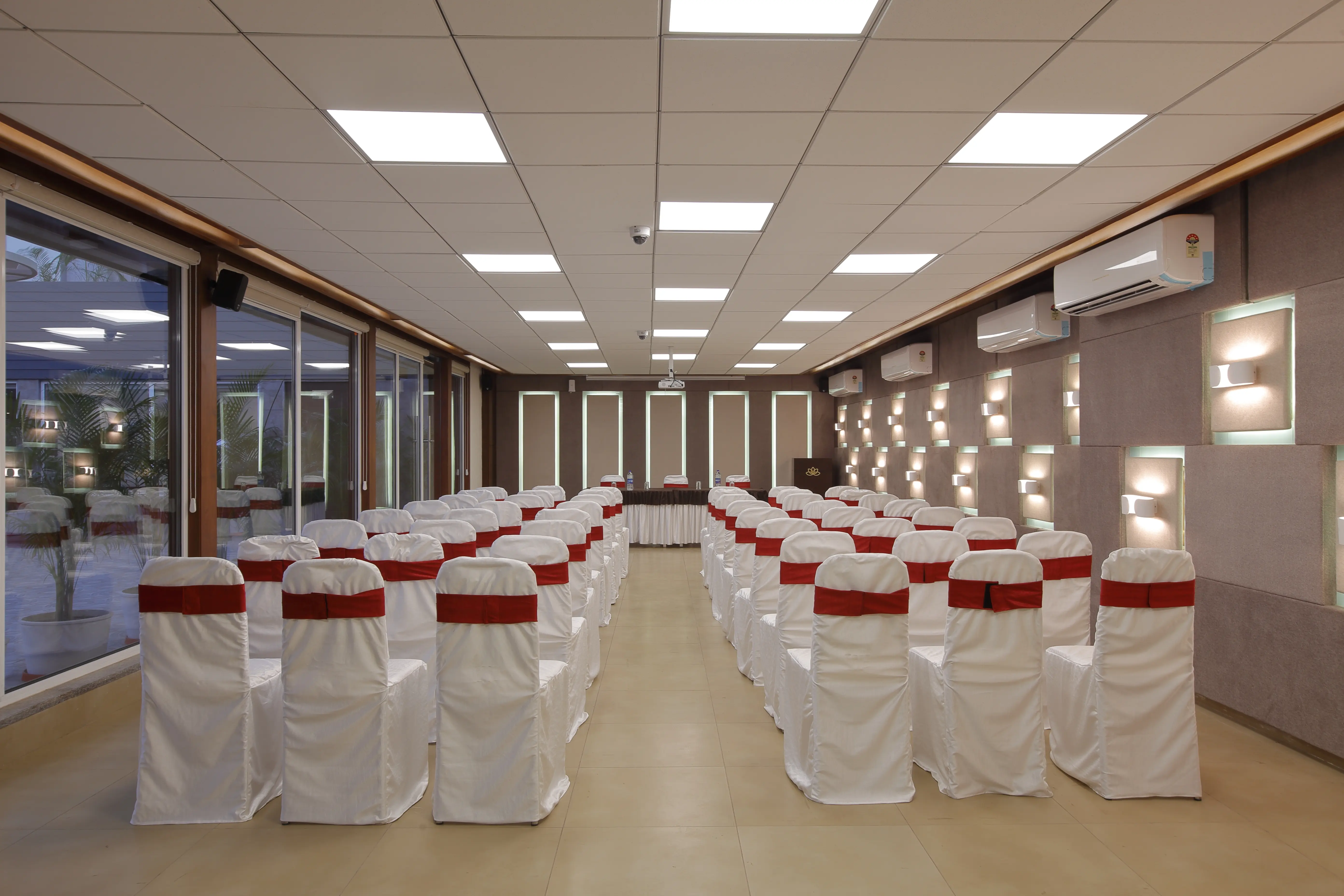 Elegant banquet hall with chandeliers